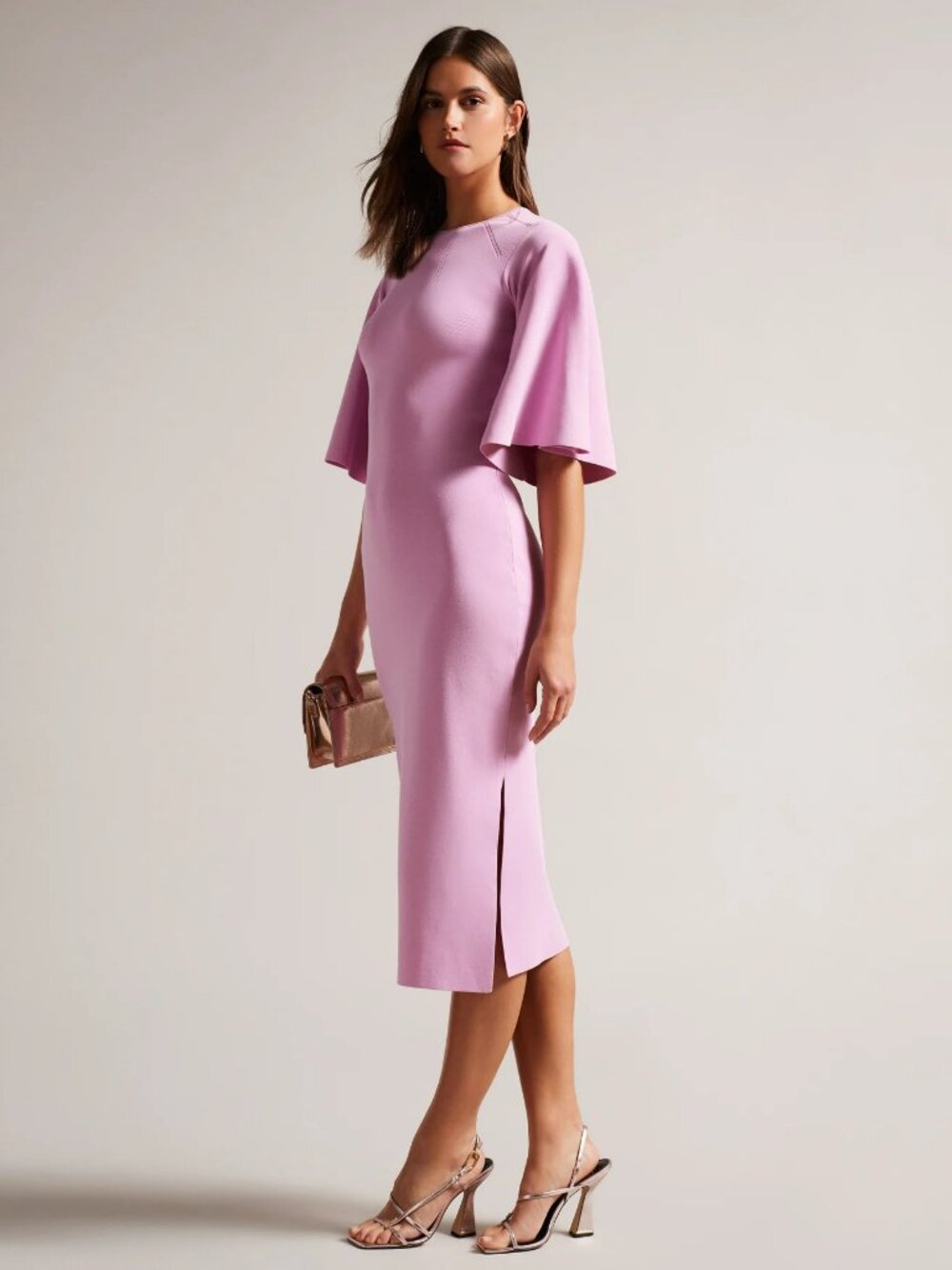 Ted Baker Lounia Fluted Sleeve Knitted Bodycon Midi Dress in Pink.  SZ 5TB/12US